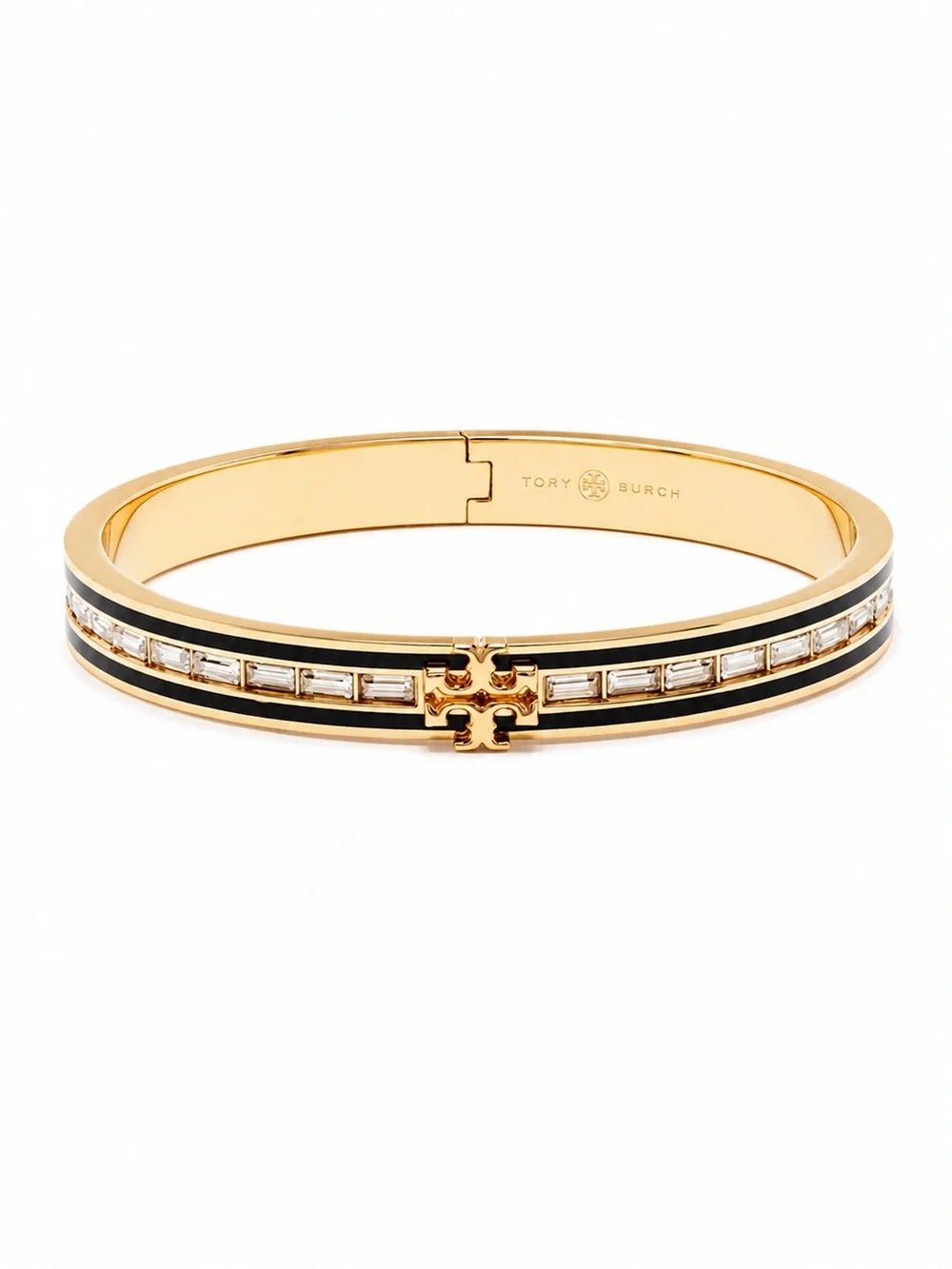 Tory Burch Gold and Black Enamel Logo Bangle with Crystal Accents